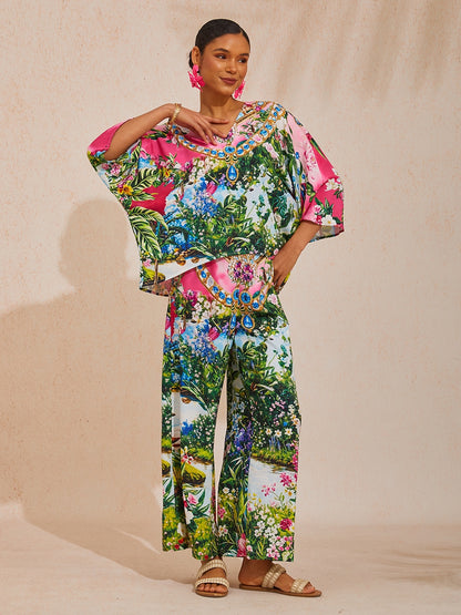 Pinke Dschungelparty Hose aus seidigem Satin mit Rautenmuster