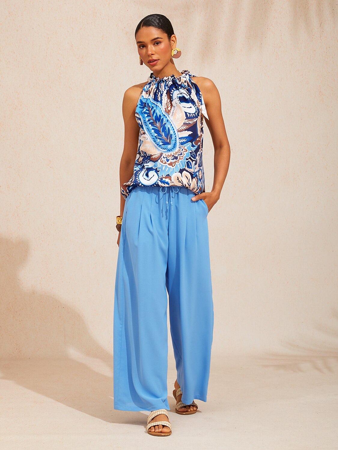 Vacation Elastic Drawstring Wide Leg Pants