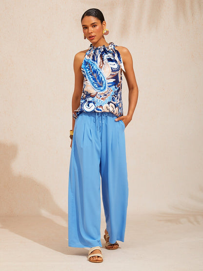 Vacation Elastic Drawstring Wide Leg Pants