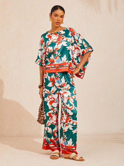 Deep Green Hibiscus Silky Satin Wide Leg Pants
