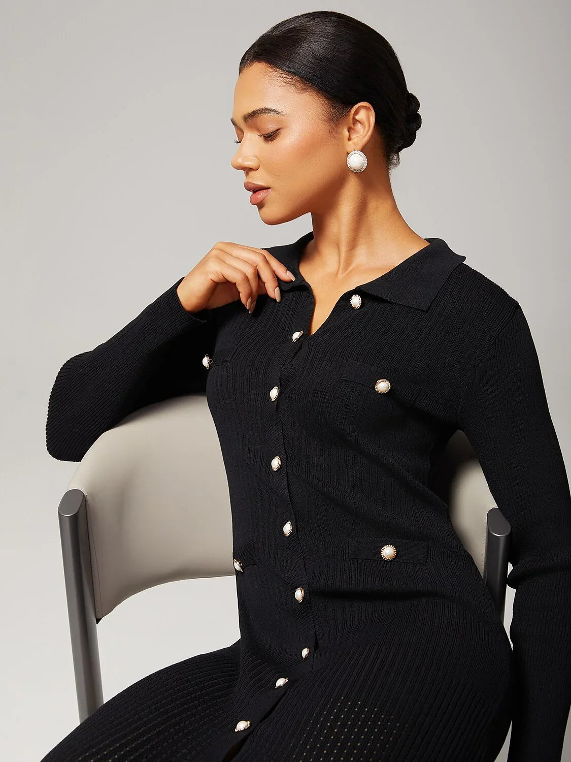 Elegant Buttons Black Knit Maxi Dress