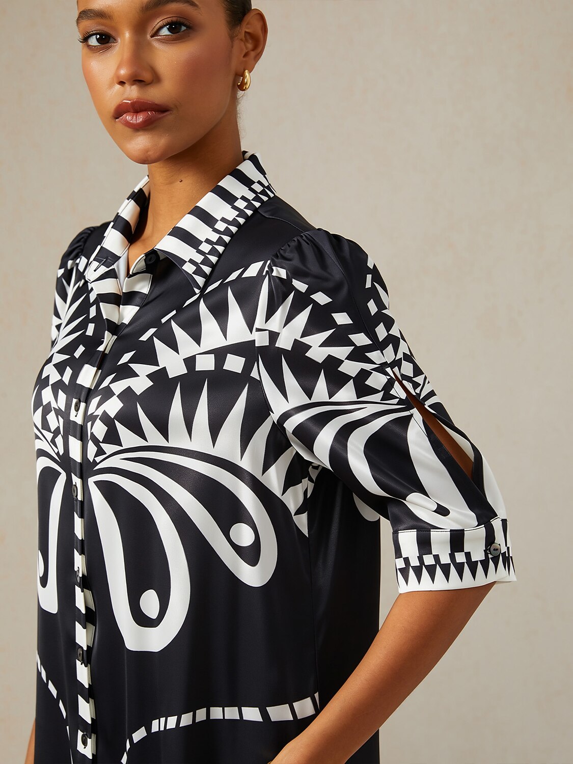 Noir Geometry Silky Satin Shirt Dress