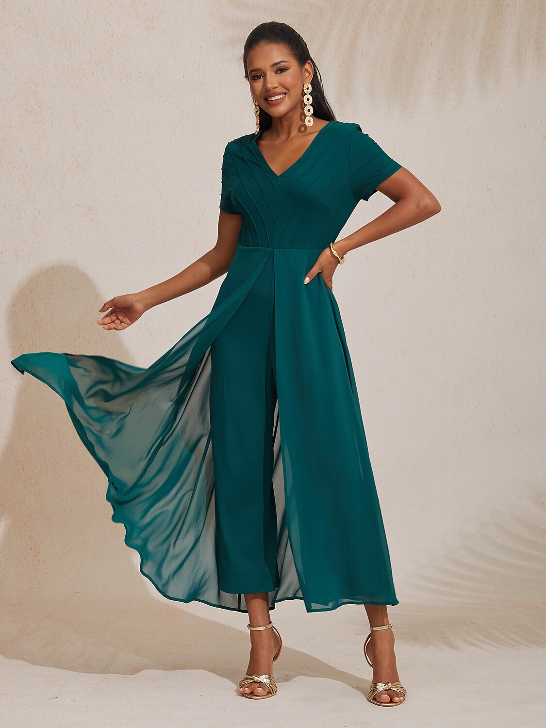 Paneled Design Faux Flowy Sheer Stretch Fabric Jumpsuit