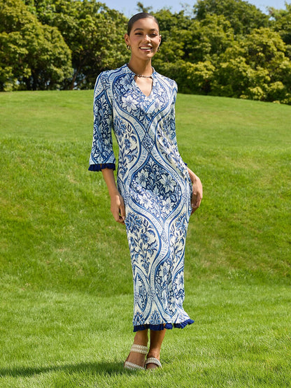 Azure Medallion Acetate Look Stretch Knit Maxi Dress