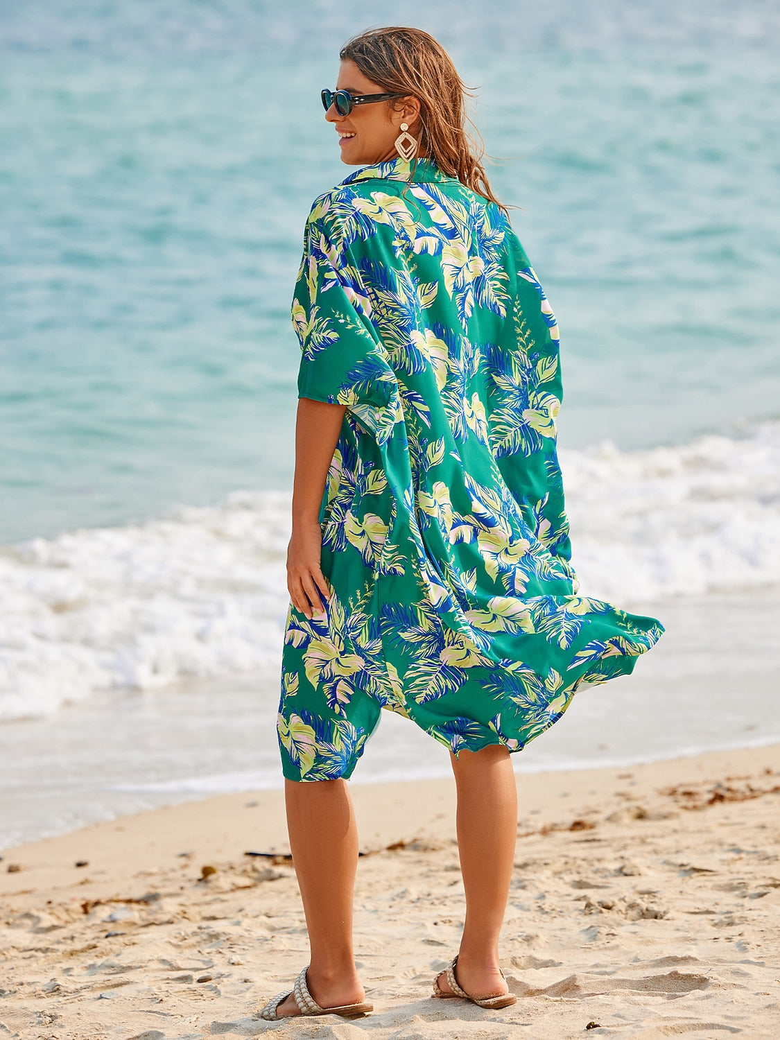 Leaf Print Shirt Short Sleeve Midi Chiffon Dress