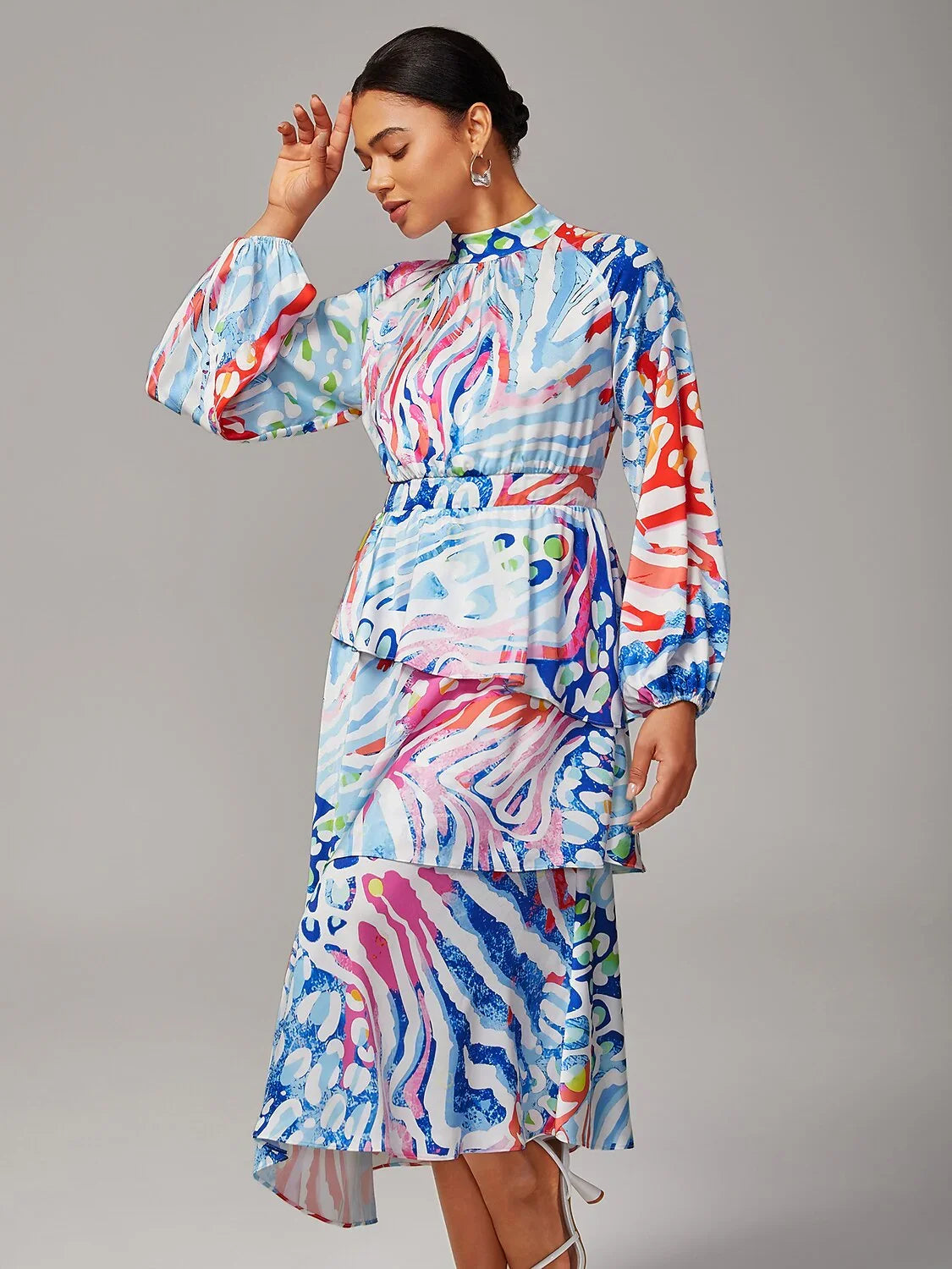 Watercolor Leopard Print Chiffon Tiered Dress