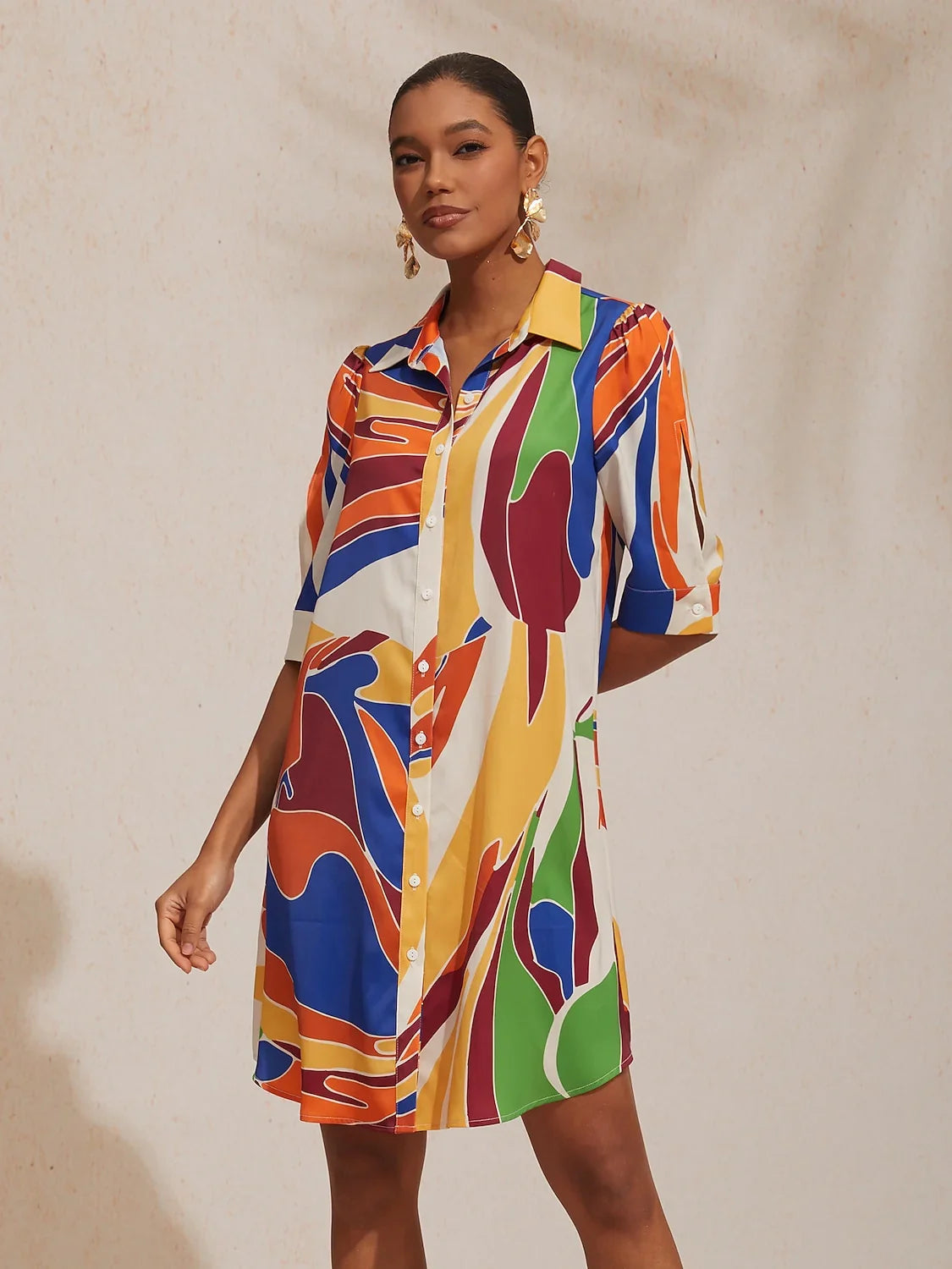 Holiday Citrus Garden Silky Satin Straight Shirt Dress