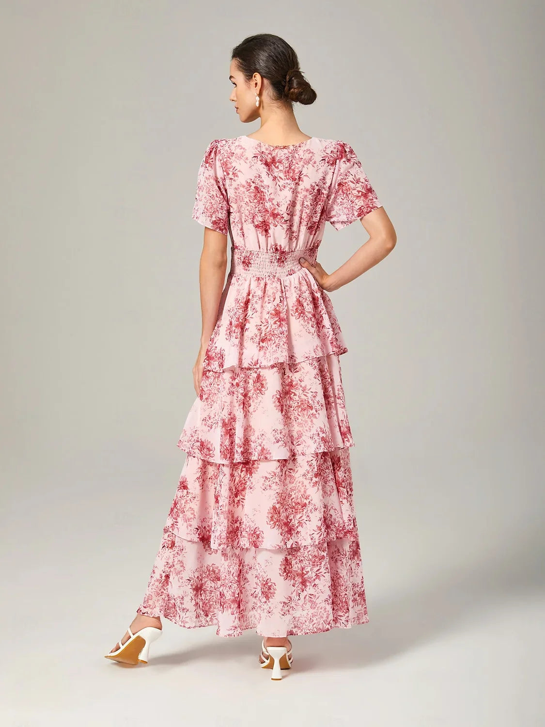 Abstract Floral Ruffle Chiffon Maxi Dress