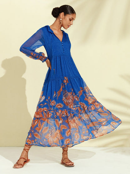 Chiffon Tropical Flowers Puff Sleeve Maxi Dress