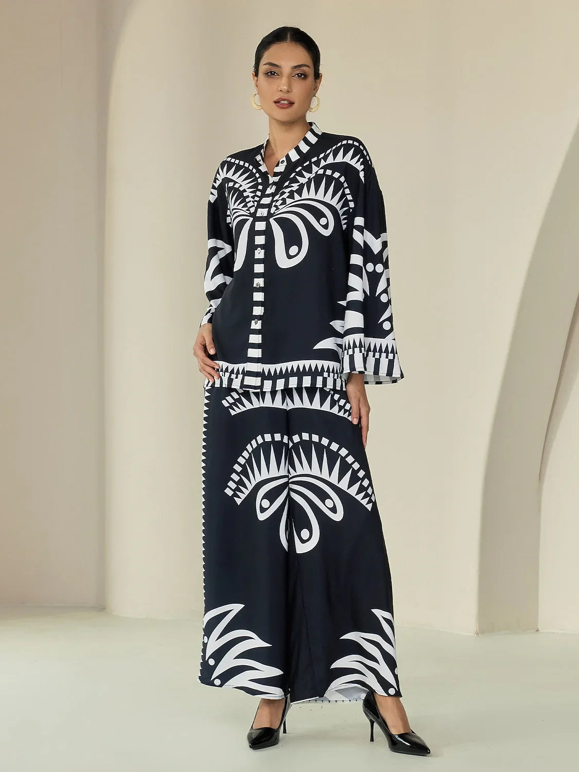 Black Satin Geometric Print Flare Cuff Blouse