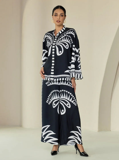 Black Satin Geometric Print Flare Cuff Blouse