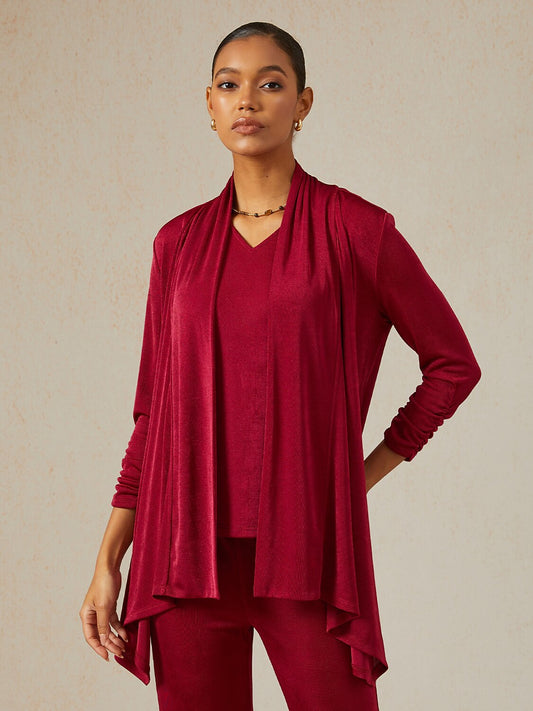 Acetate Look Stretch Knit Ruched Sleeve Jacket