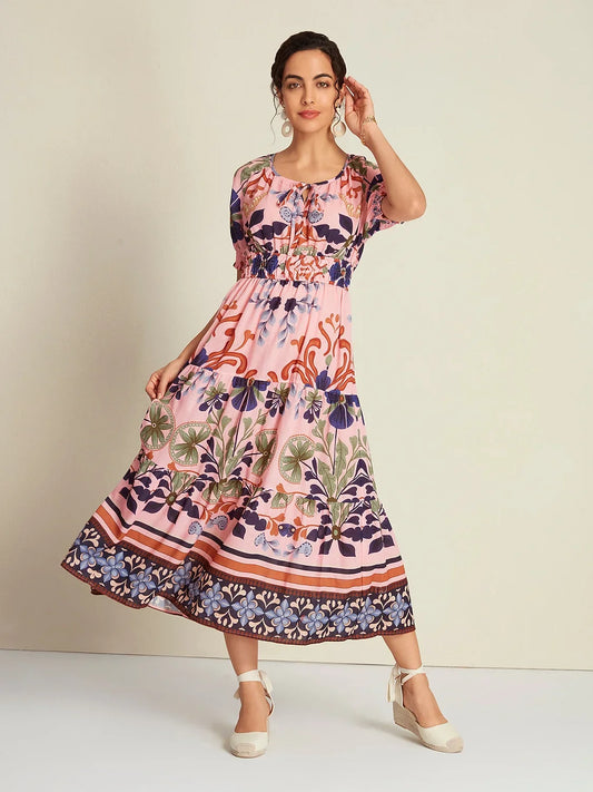 Floral Print Lace Up Short Midi Dress