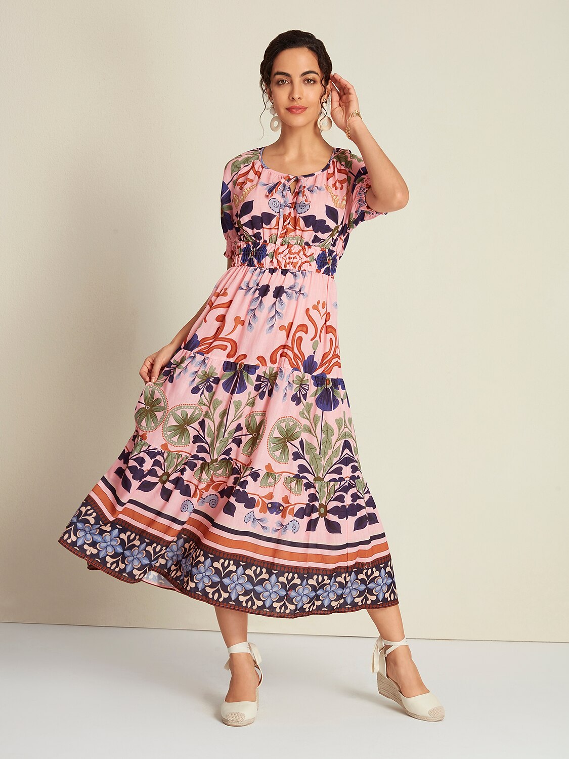 Floral Print Lace Up Short Midi Dress