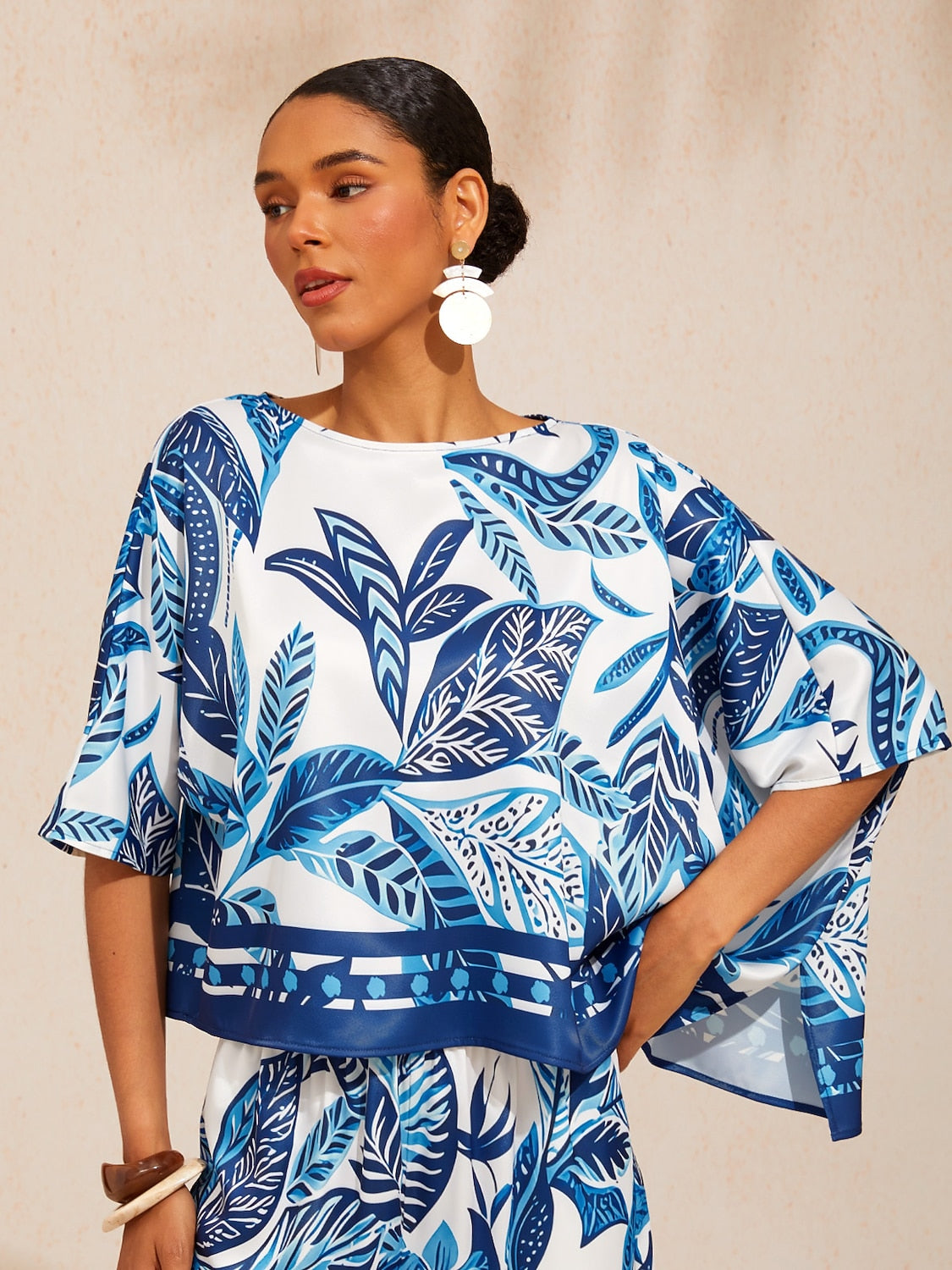 Azure Leaves  Silky Satin Dolman Batwing Top