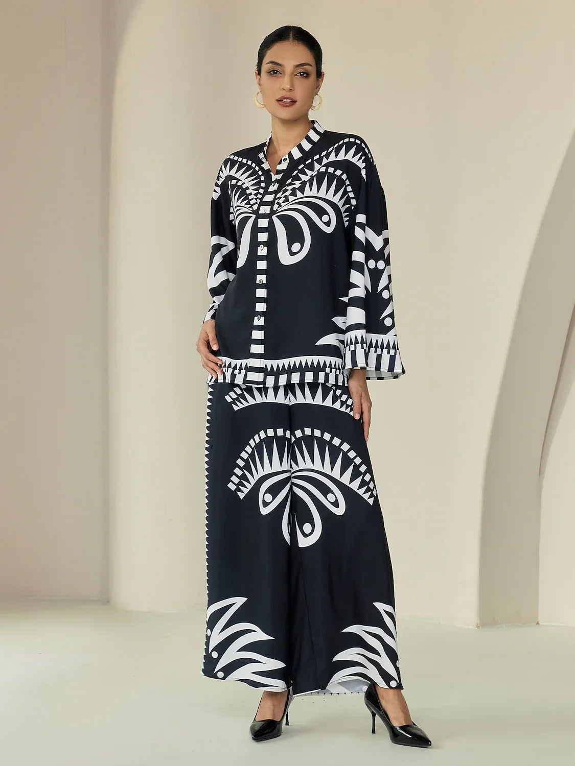 Black Satin Full Length Printing Wide Leg Pants