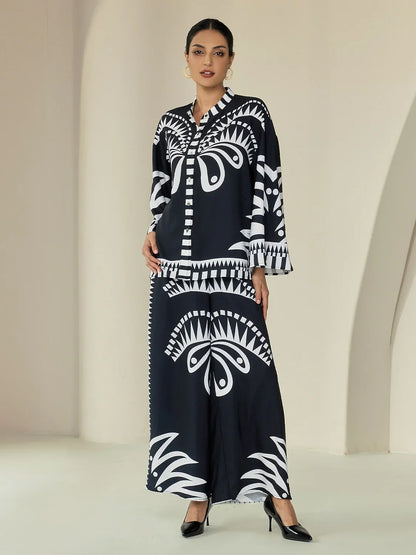 Black Satin Full Length Printing Wide Leg Pants