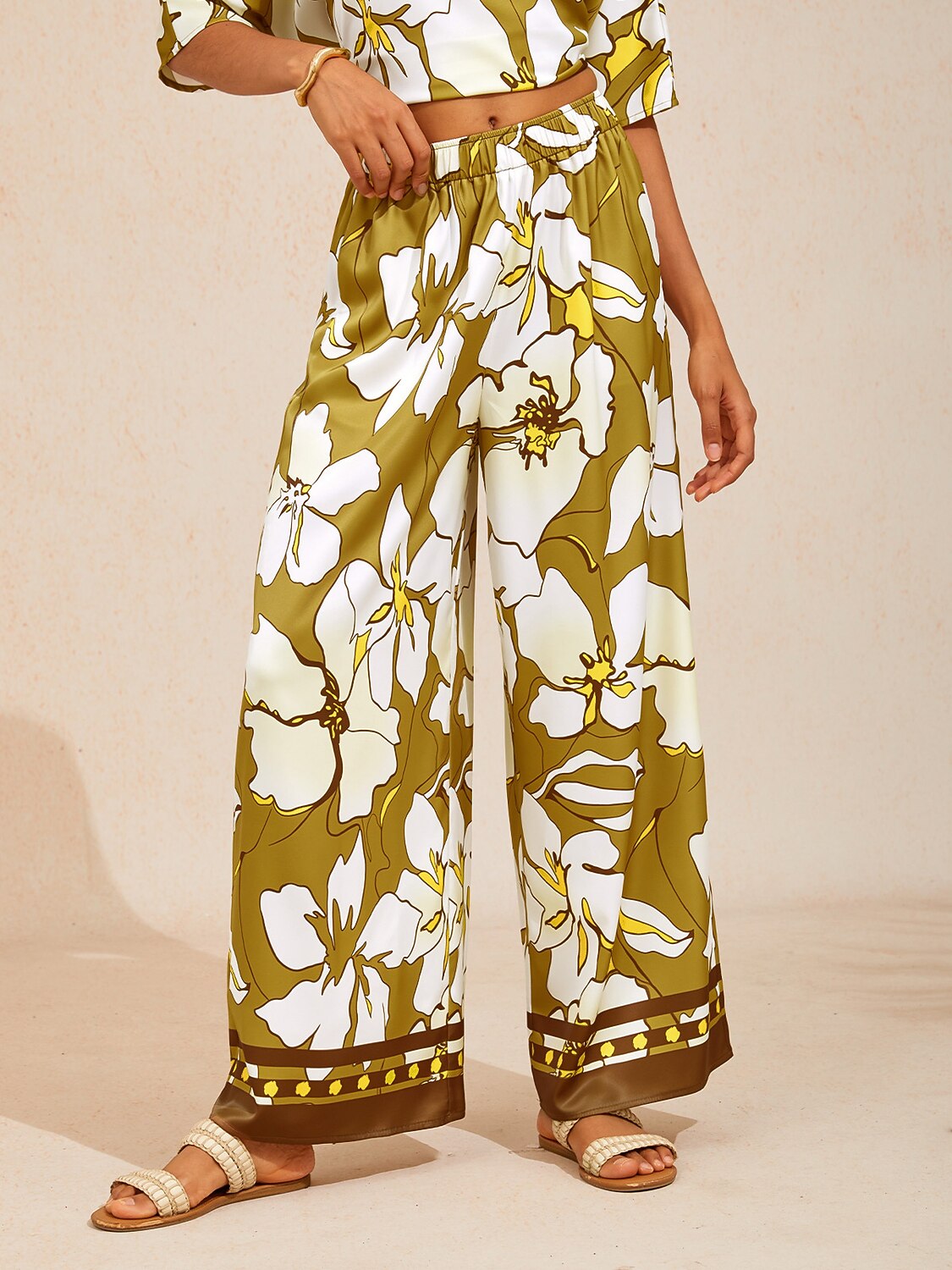 Golden Petal Glow Silky Satin Wide Leg Pants