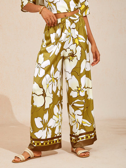 Golden Petal Glow Silky Satin Wide Leg Pants
