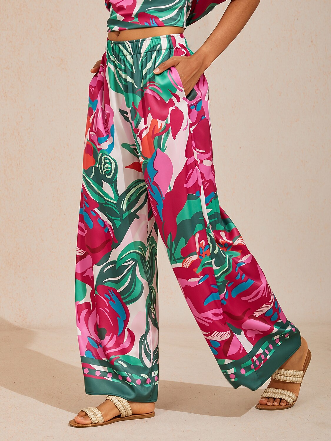 Fiery Pink Rose Silky Satin Wide Leg Pants
