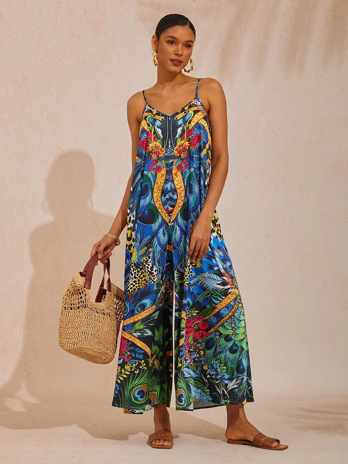 Jungle Wild Party Silky Satin Feather Jumpsuit