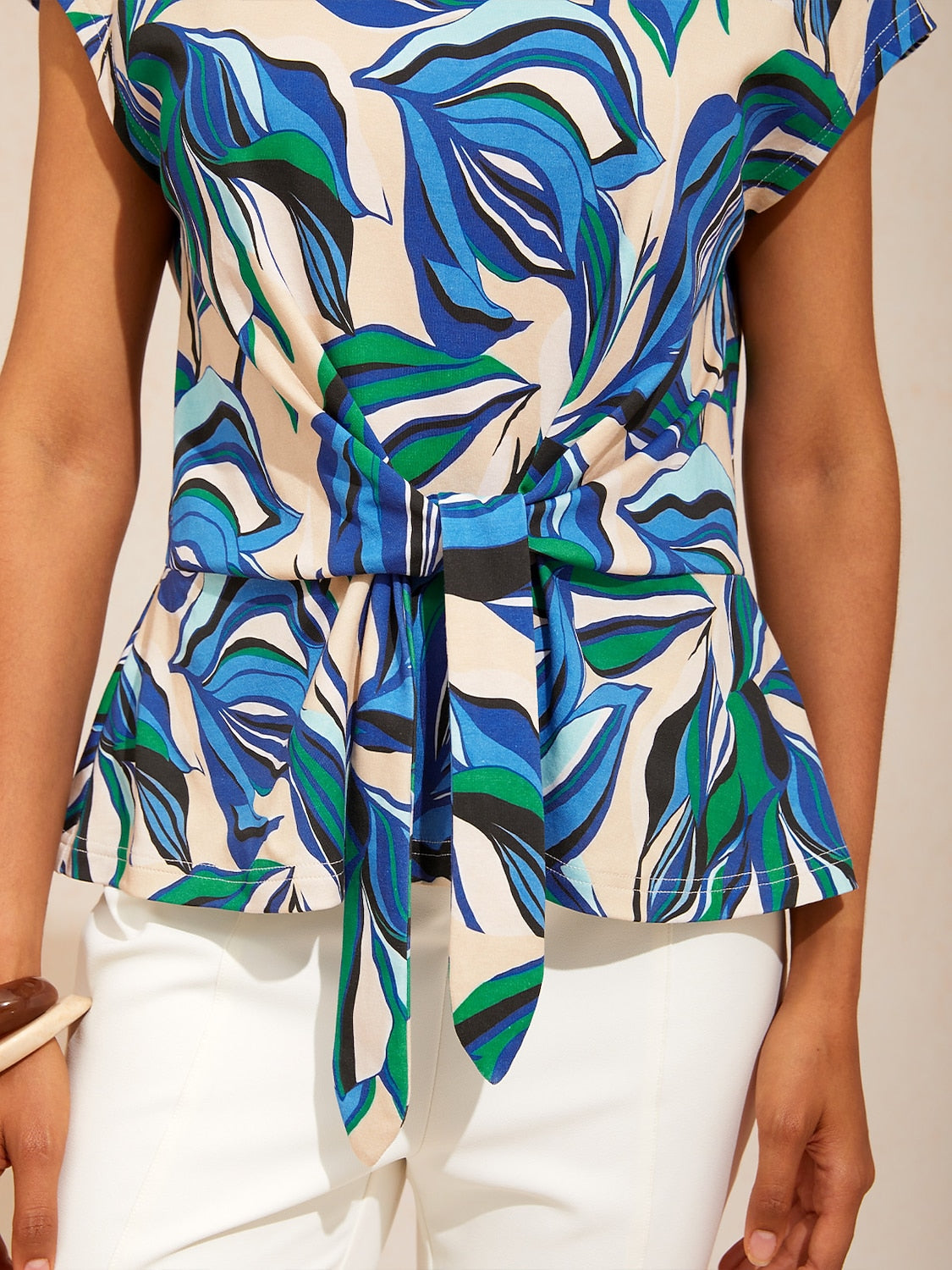 Marble Flora Stretch Cotton Tie Front Crewneck Tee