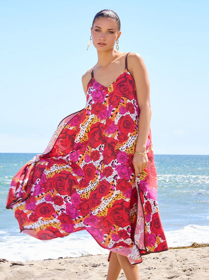 Vestido Midi de Tirantes Asimétricos con Cuello en V de Rayón
