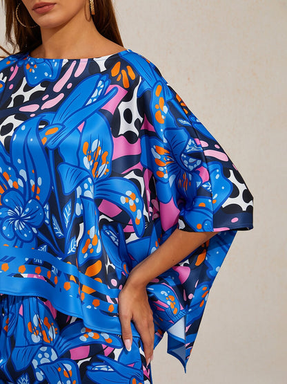 Abstract Azure  Satin Dolman Sleeve Top