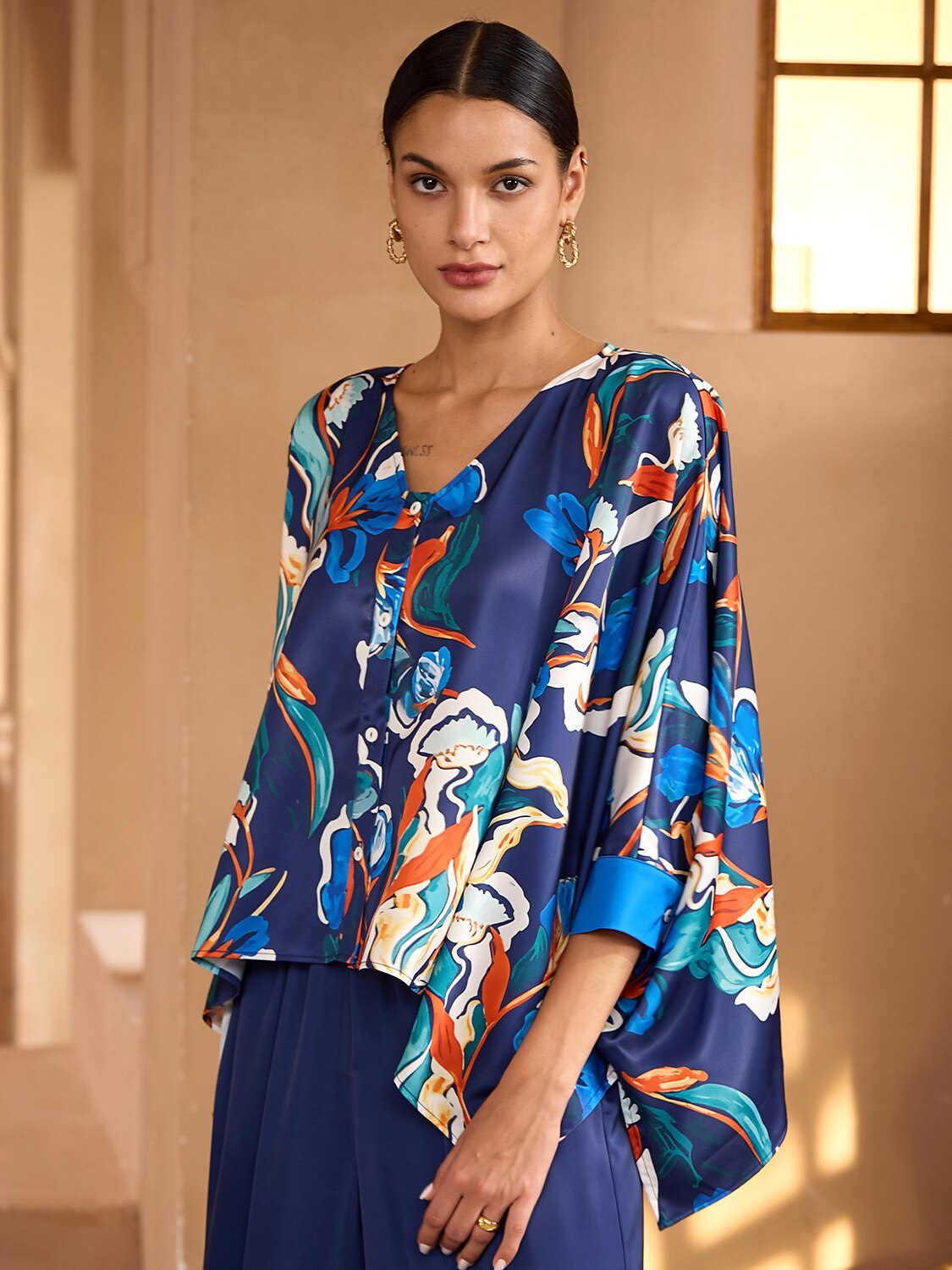 Blue Watercolor Iris  Satin Wide Leg Pants