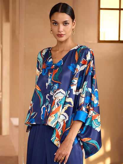 Blue Watercolor Iris  Satin Wide Leg Pants