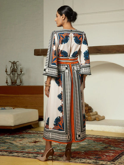 Satin Geometric Bohemia V-Neck Maxi Dress