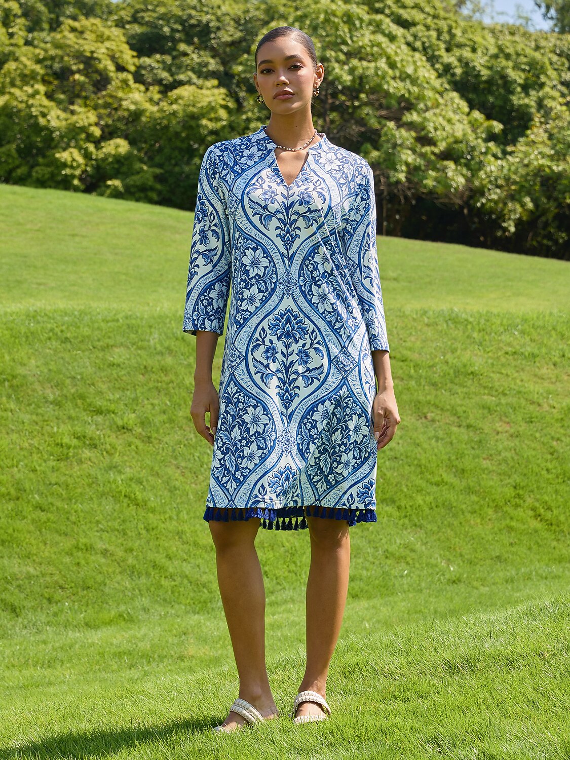 Azure Medallion Stretch Knit Midi Dress