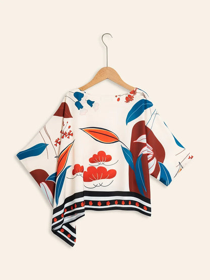 Satin Bateau Irregular Hem Magyar Sleeve Blouse