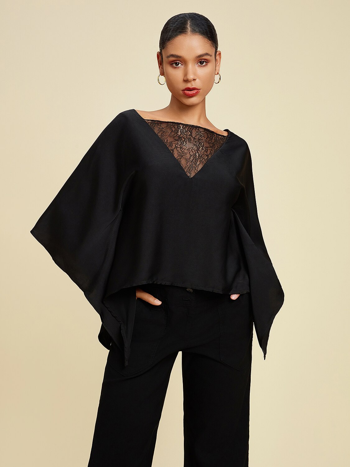 Solid Color Batwing Sleeve Lace Patchwork Satin Blouse
