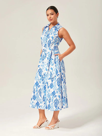 Monochrome Print Linen Like Shirt Midi  Dress