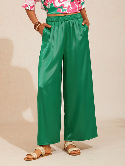 Silky Satin White Elastic Waist Wide Leg Pants