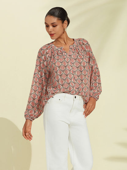 Casual Chiffon Geometric Puff Sleeve Blouse