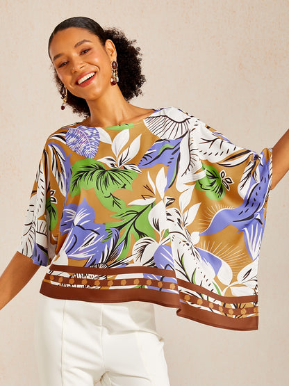 Boho-Paisley-Oberteil aus seidigem Satin mit Dolman-Ärmeln