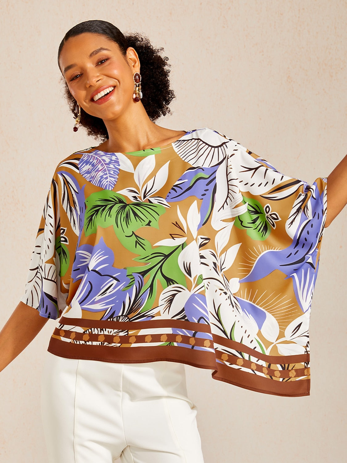 Pastel Floral Garden Silky Satin Dolman Batwing Top
