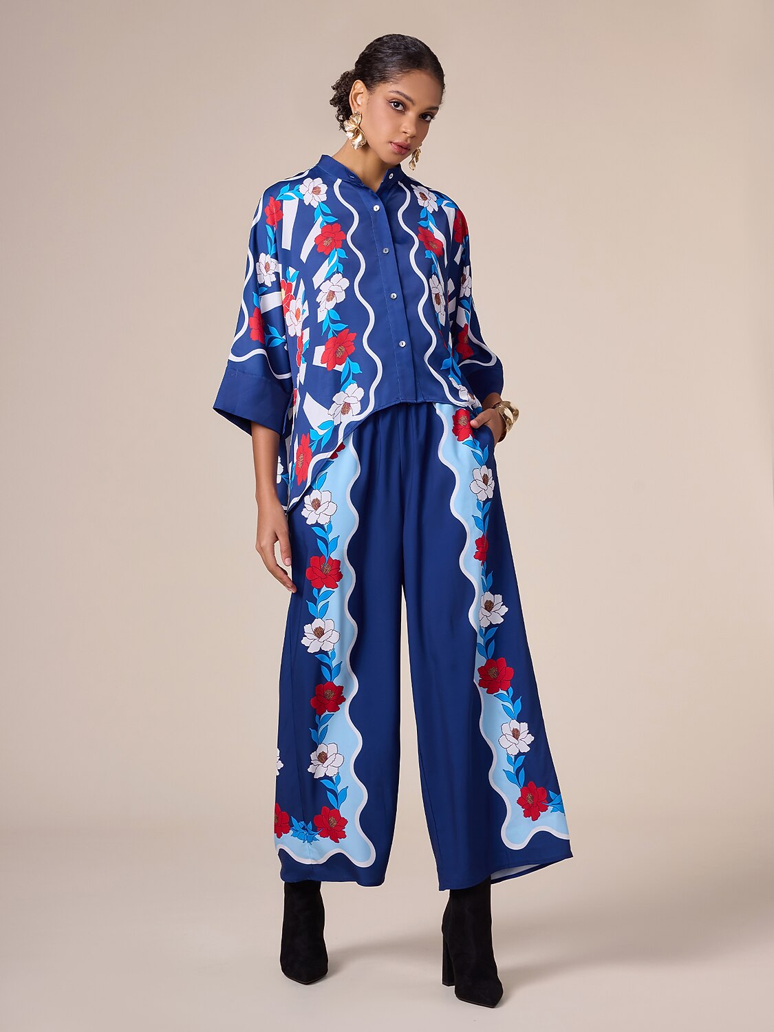 Satin Loose Wide Leg Vacation Artistic/ Retro Printing Causal Pants