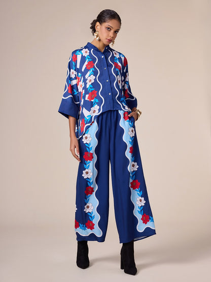 Satin Loose Wide Leg Vacation Artistic/ Retro Printing Causal Pants