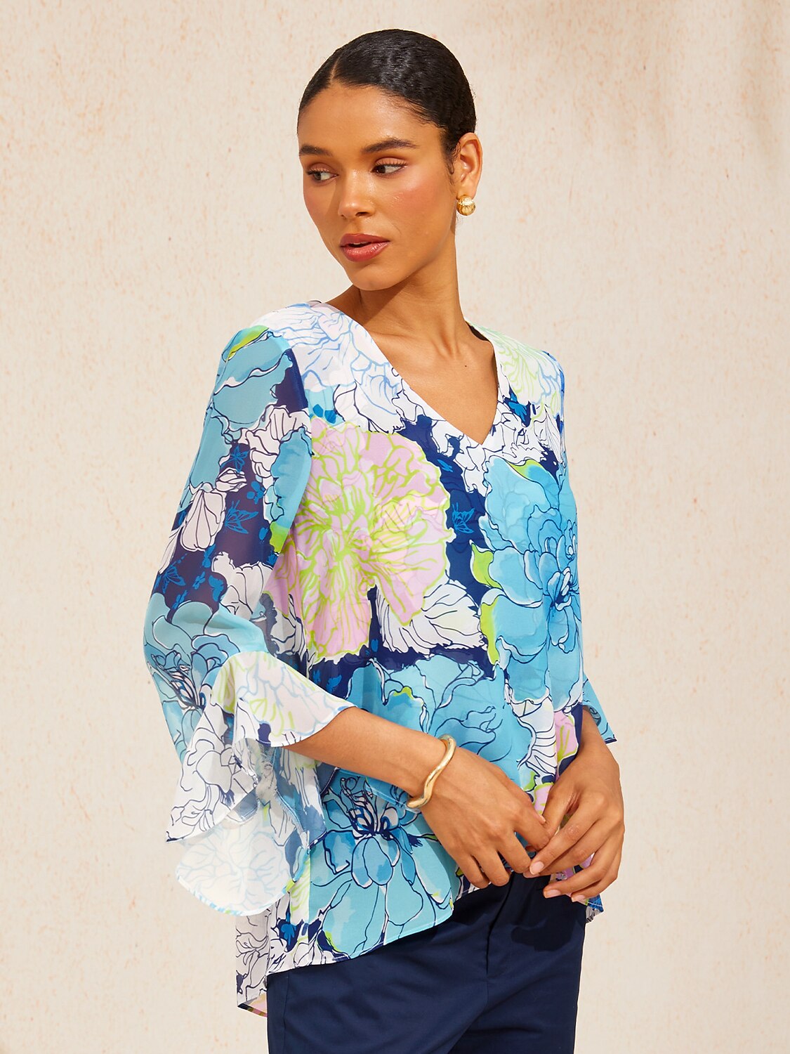 Pastel Wash Peony Flowy Chiffon Blouse