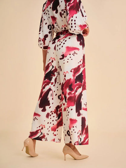 Burgundy Abstract Print Elastic Gathered Wide-Leg Pants