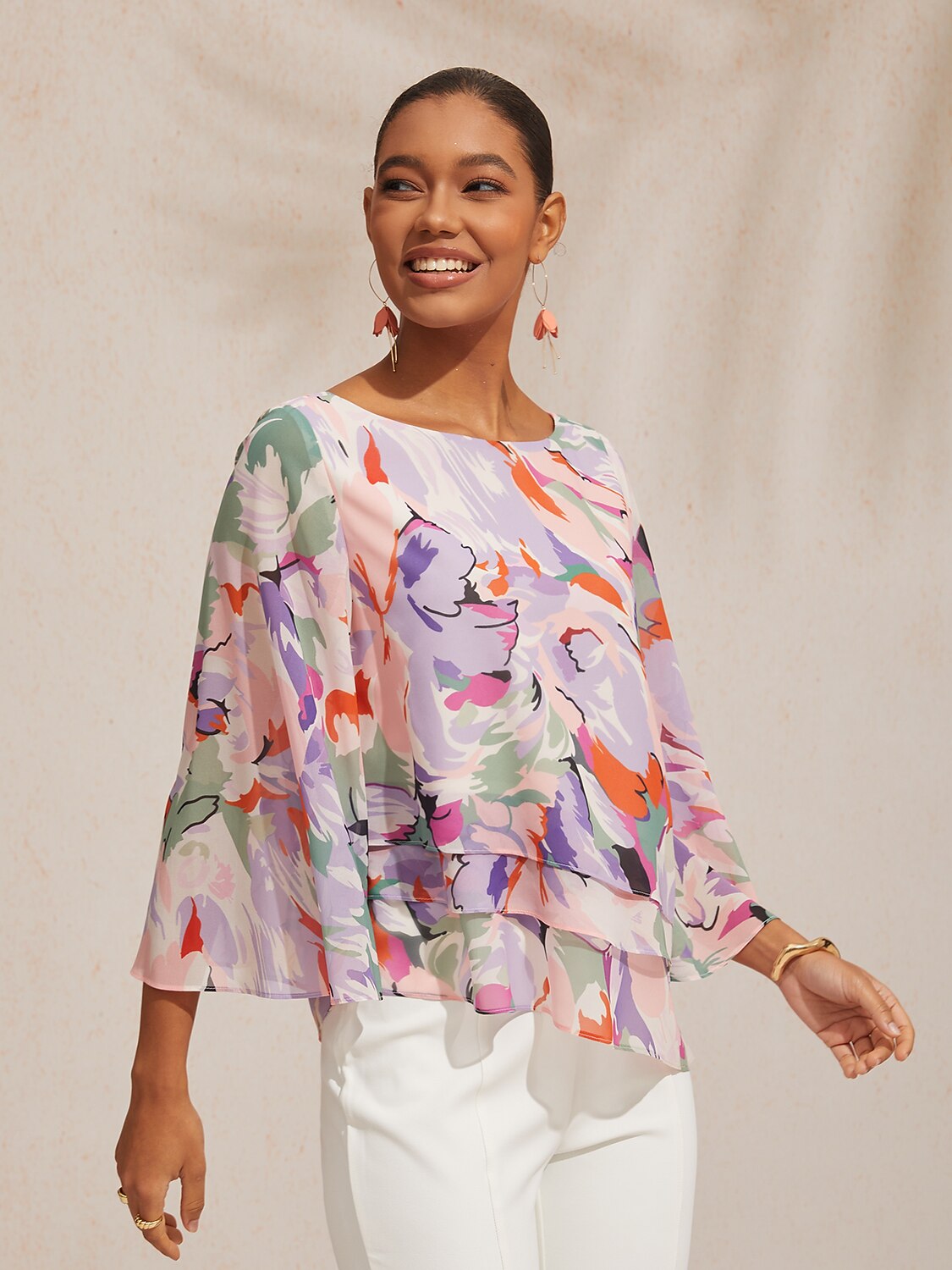 Wild Hibiscus Dream Flowy Chiffon Layered Blouse