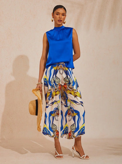 Ocean Blue Orchid Silky Satin Stand Collar Top