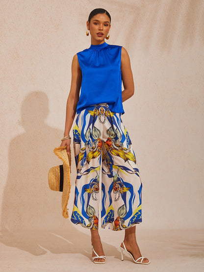 Hawaii Palm Silky Satin Sleeveless Top