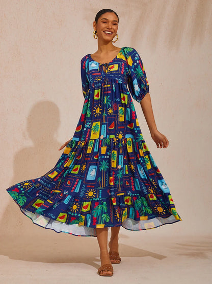 Summer Escape Geometric A-Line Satin Maxi Dress