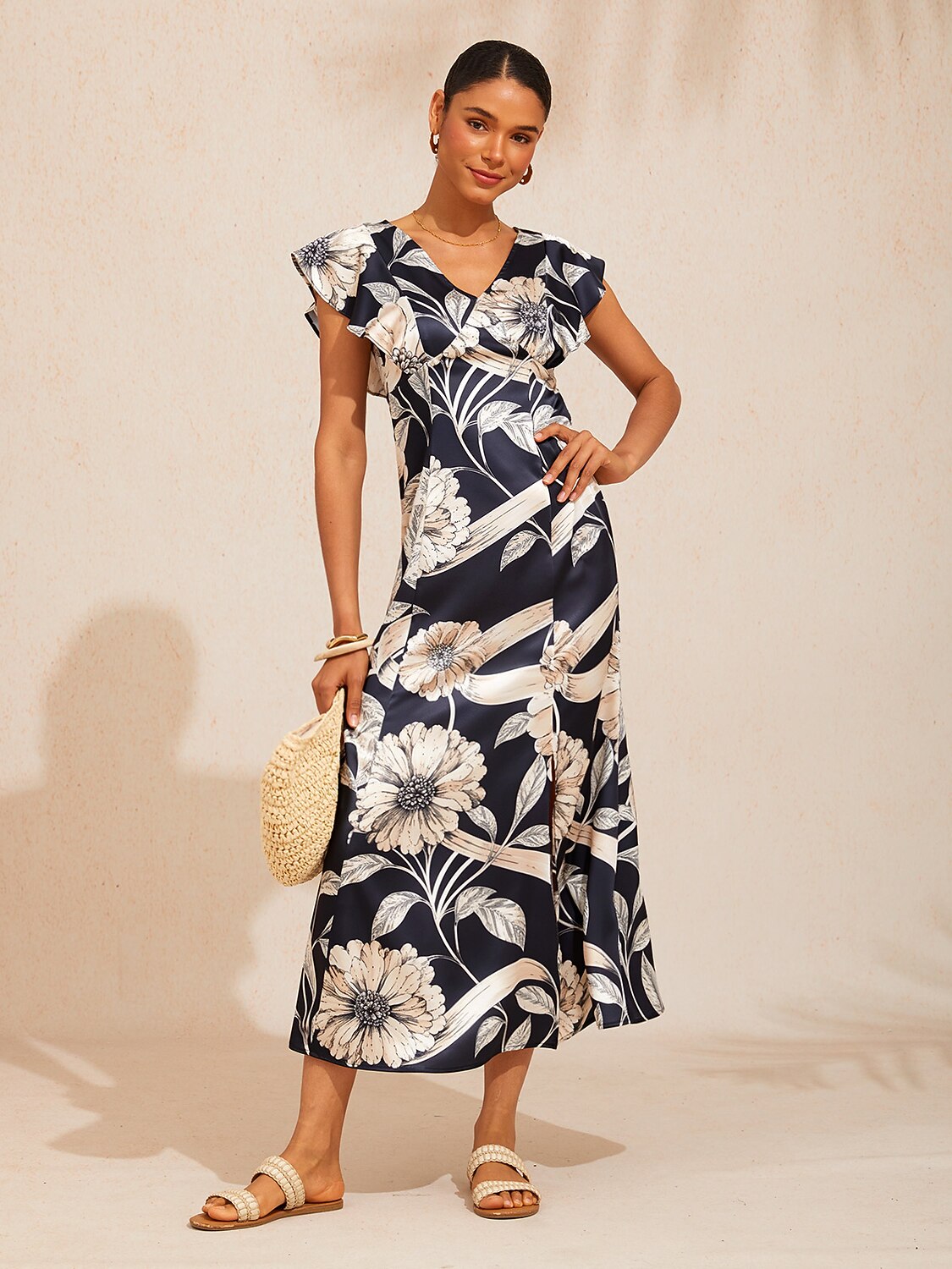 Golden Petal Silky Satin Maxi Dress