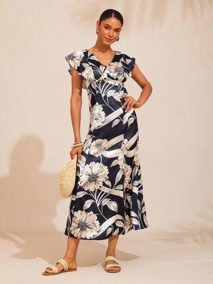 Golden Petal Silky Satin Maxi Dress