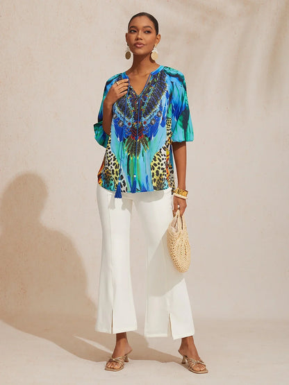 Midnight Blue Baroque Chiffon 3/4 Sleeves Top